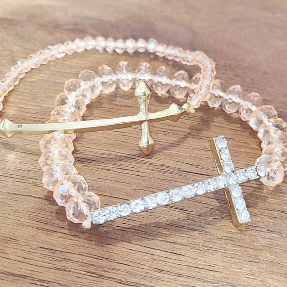 Faceted Champayne Beaded Cross Bracelet Set with Rhinestones and gold accent - Picture 2 of 4